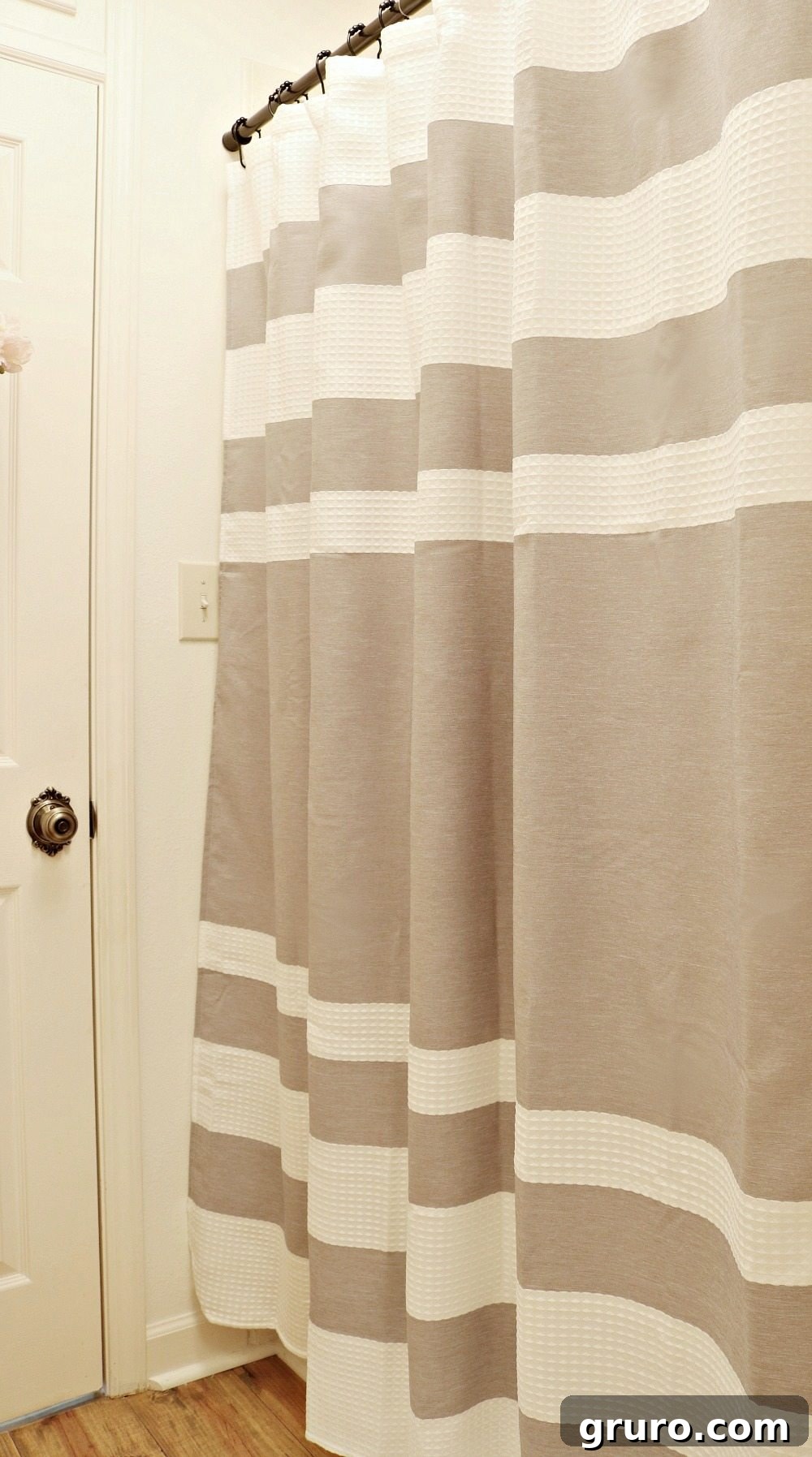 Farmhouse Guest Bathroom Makeover 17 Waffle Stripe Shower Curtain for a Neutral Bathroom Aesthetic