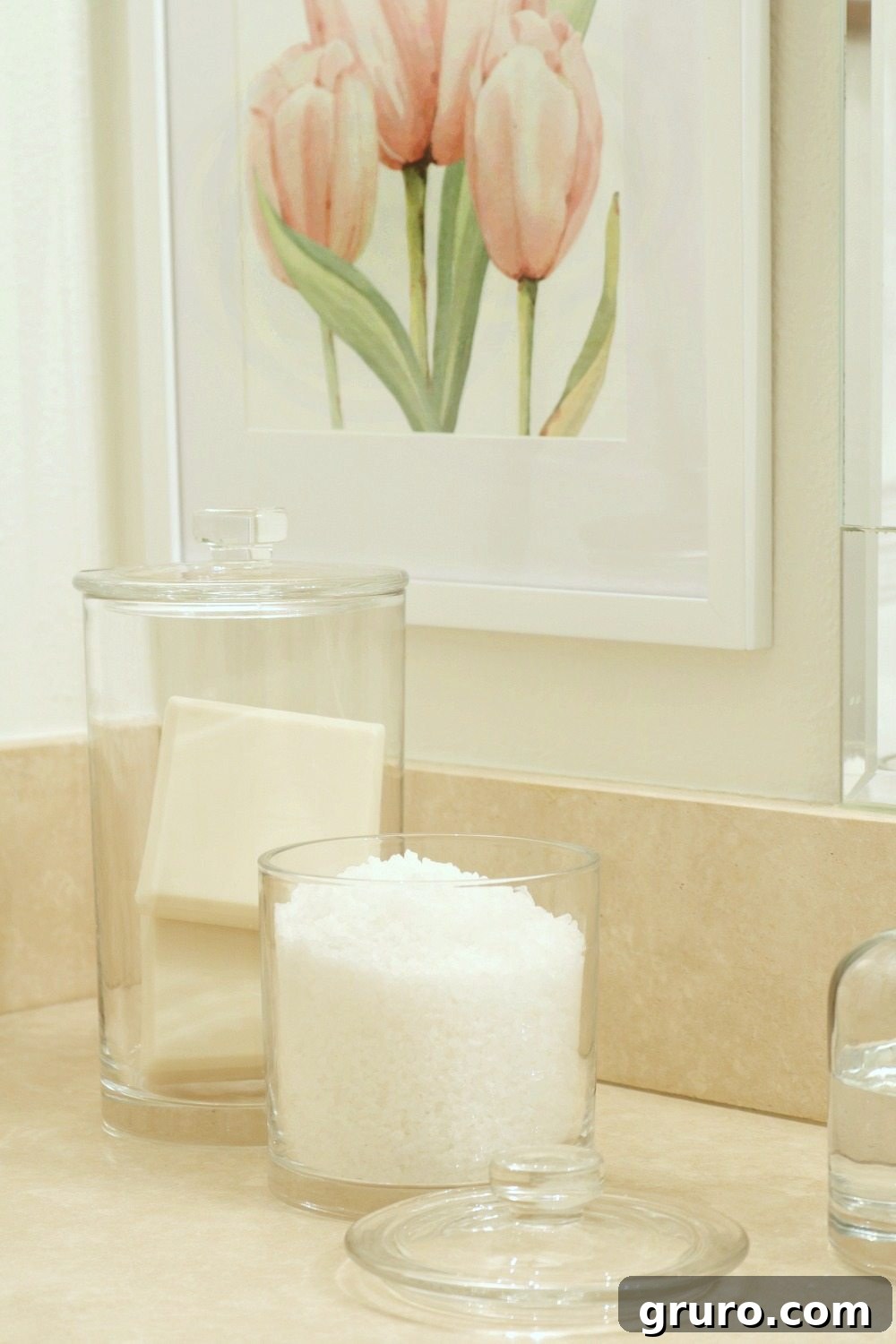 Farmhouse Guest Bathroom Makeover 8 Bath Salts and Bars in Elegant Glass Storage