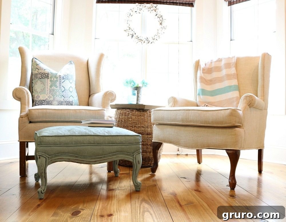 Chalk painted ottoman in Duck Egg Blue, fitting perfectly into a farmhouse style home