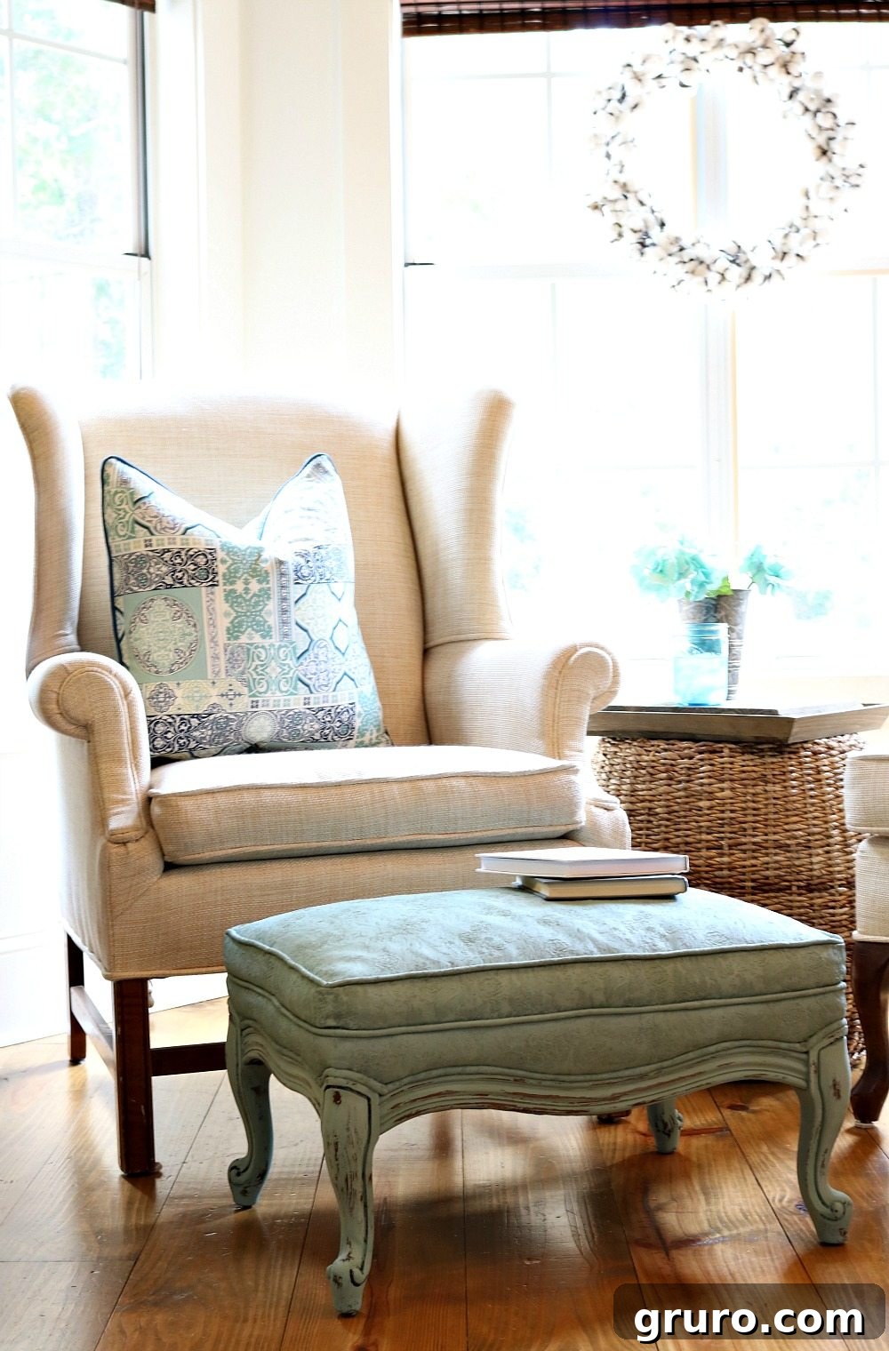 Close-up of painted fabric on an ottoman, demonstrating how paint can create a soft and appealing texture