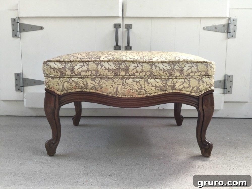 Before and after transformation of a thrift store ottoman, showing the impact of painting fabric