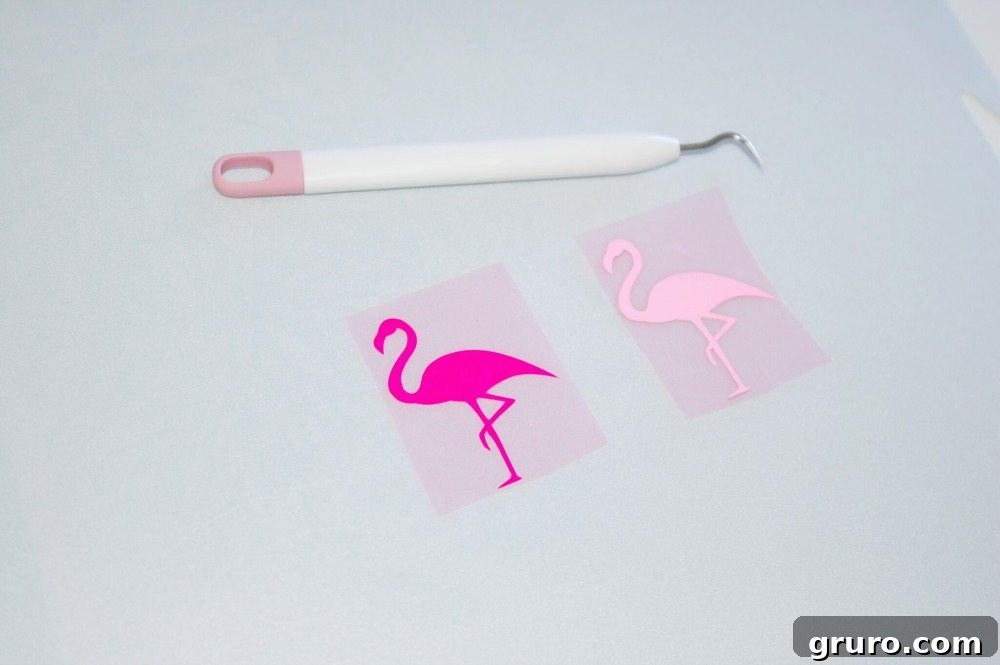 Fuchsia Feathers 3 Cricut pink flamingos project weeding the vinyl