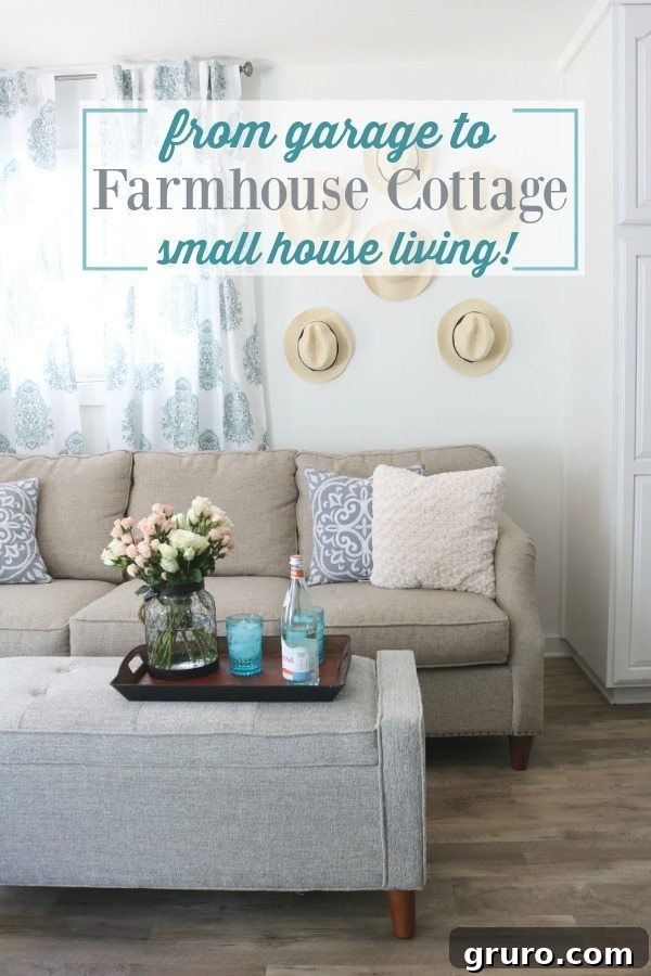 Converted garage transforms into a welcoming tiny farmhouse cottage living room