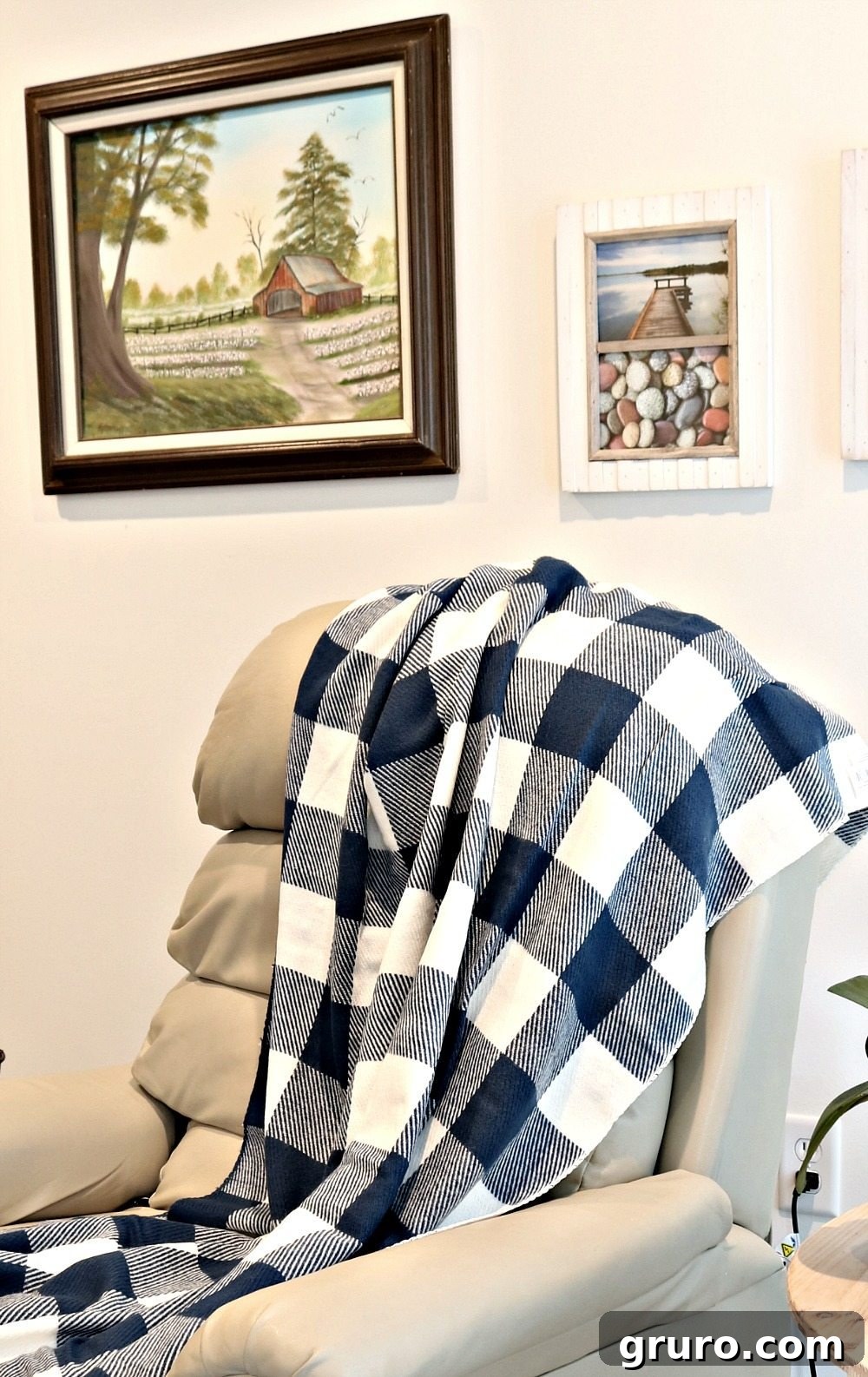 Captivating oil painting of a red barn and cotton field, bringing rustic charm to the cottage
