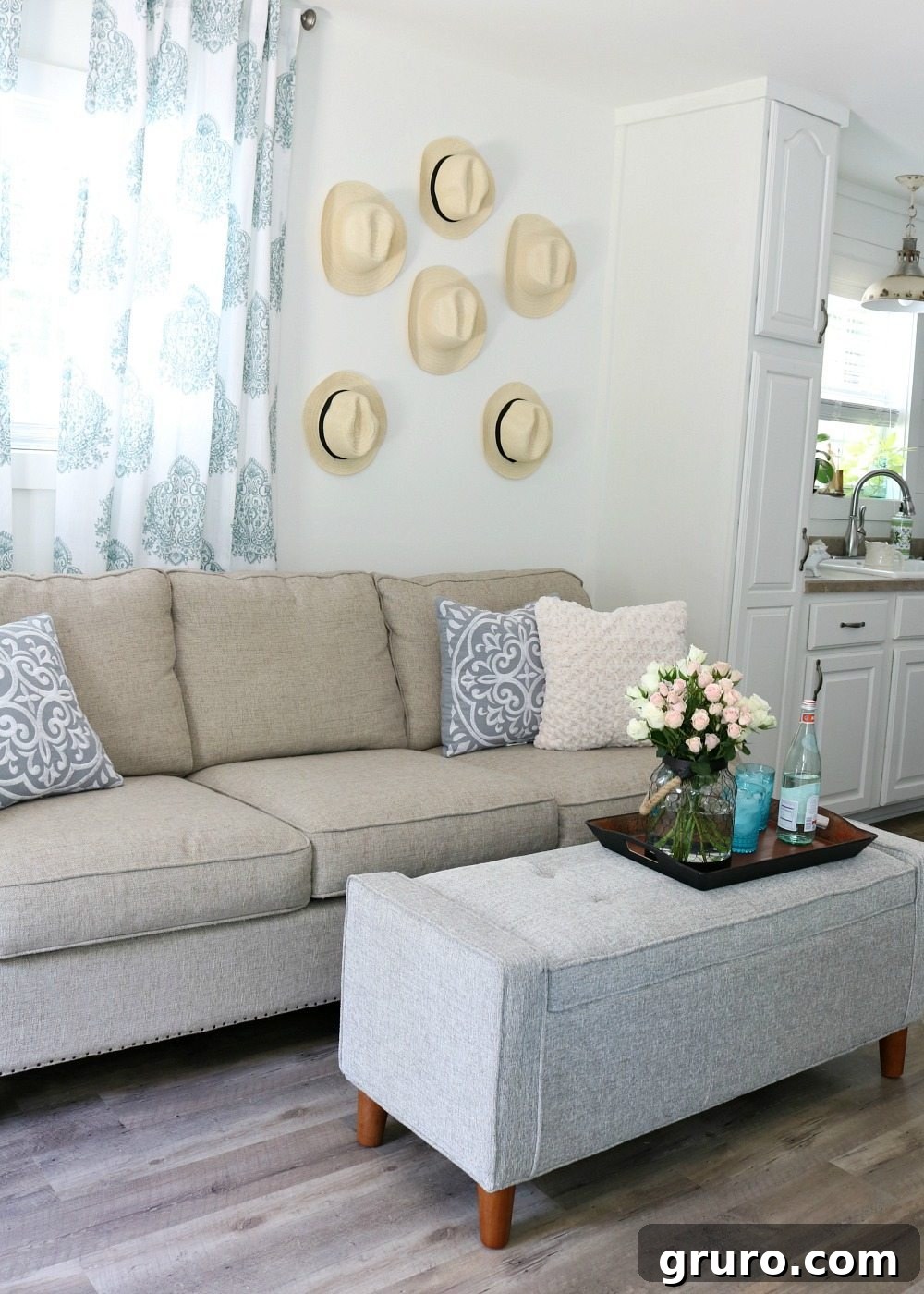 Seamless integration of the living room and kitchen in the cozy tiny farmhouse cottage
