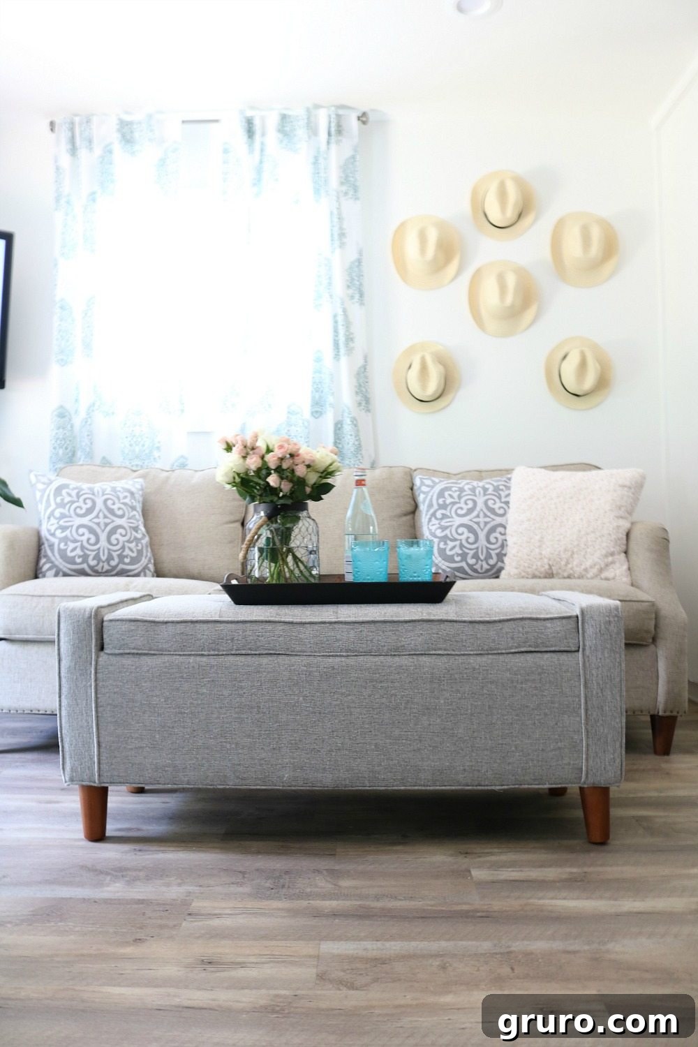 Functional seating and smart storage solutions for a cozy tiny home living room