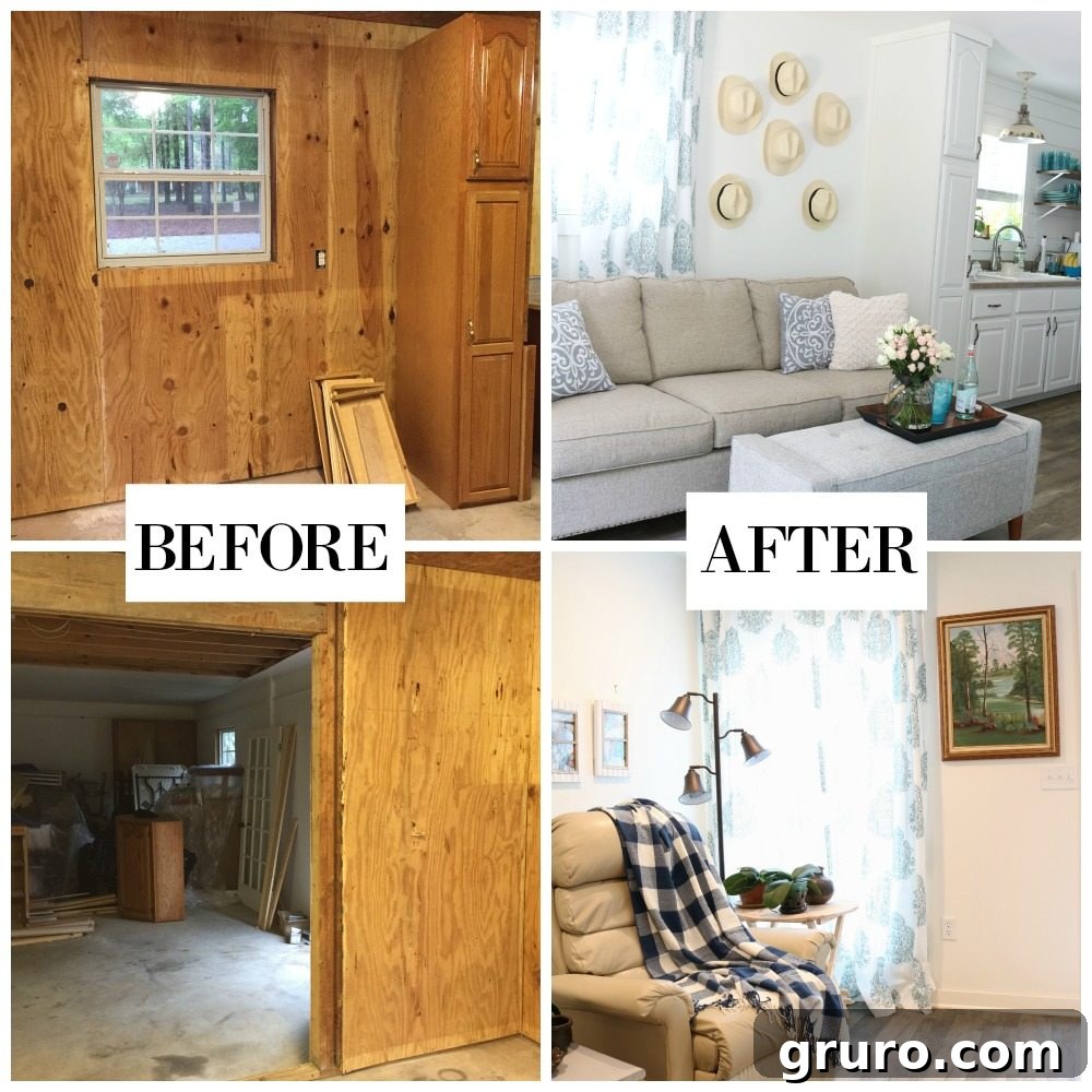 Before and after transformation of a garage into Mama's tiny farmhouse cottage living space