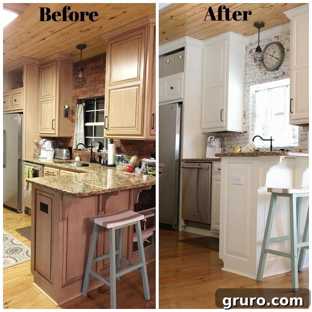 Before and After of the farmhouse kitchen at Refresh Restyle showing a dramatic transformation