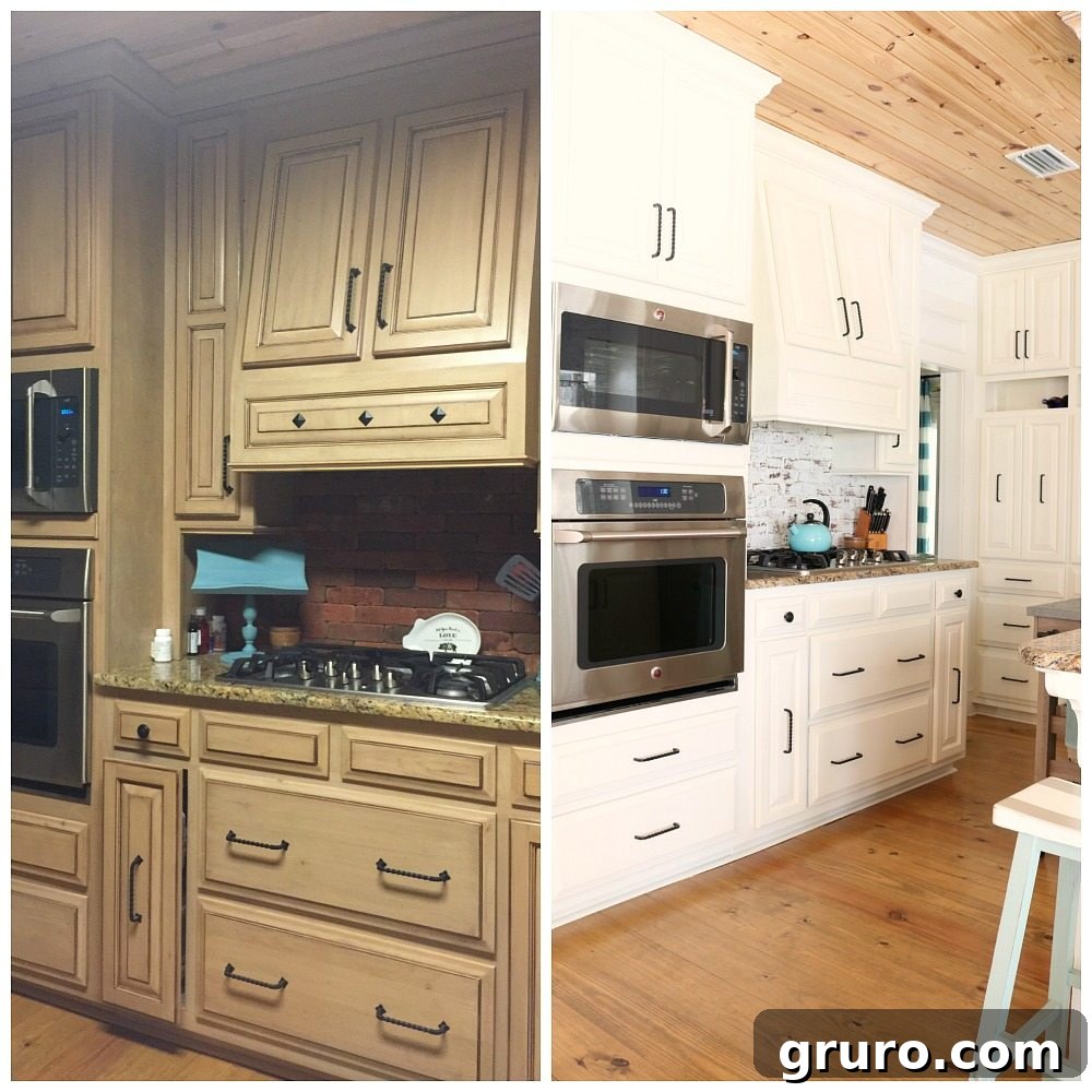 Light and bright kitchen makeover at Refresh Restyle featuring white cabinets and painted brick