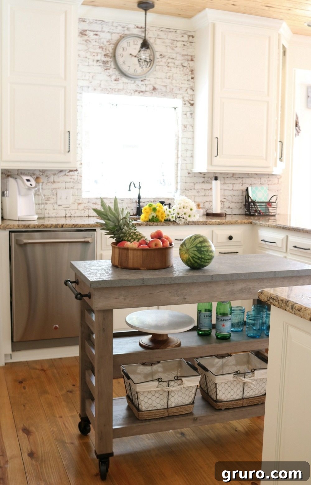 Plenty of storage in this Light and bright country kitchen featuring natural baskets