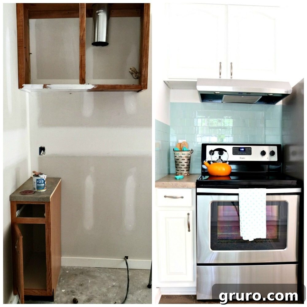 Before and after comparison of the cottage kitchen stove area, highlighting painted cabinets.