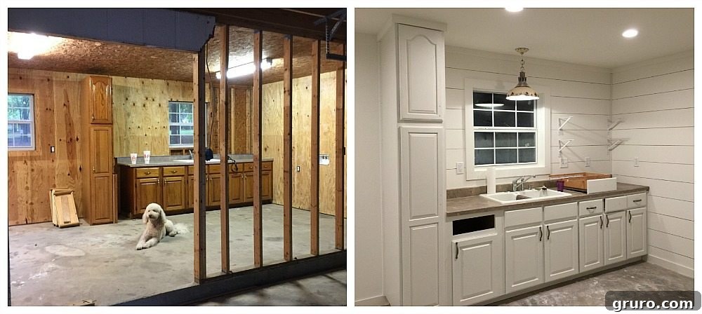 Cottage kitchen before and during the cabinet painting makeover, illustrating the design evolution.