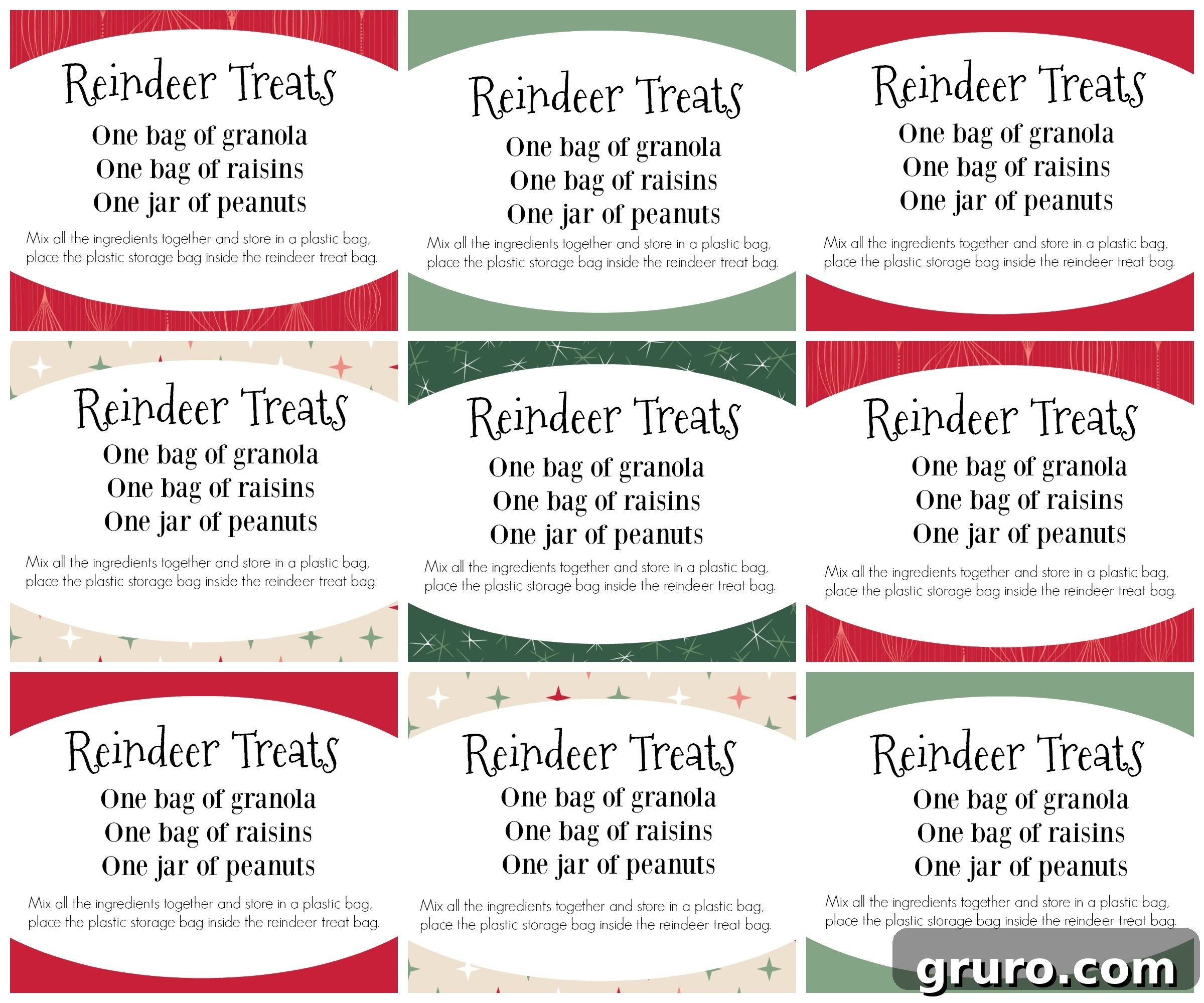 Reindeer Treats Recipe cards free printable for holiday craft