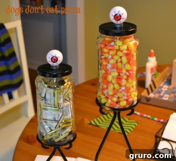 Halloween candy jars close-up with eyes design