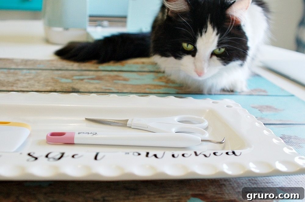 Adding vinyl to a white platter for fall decoration