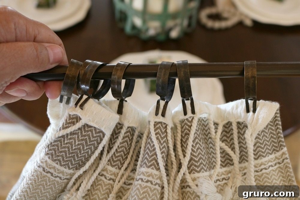 Cottage Towel Curtains 8 Make these farmhouse window curtains in no time, showcasing the quick DIY process