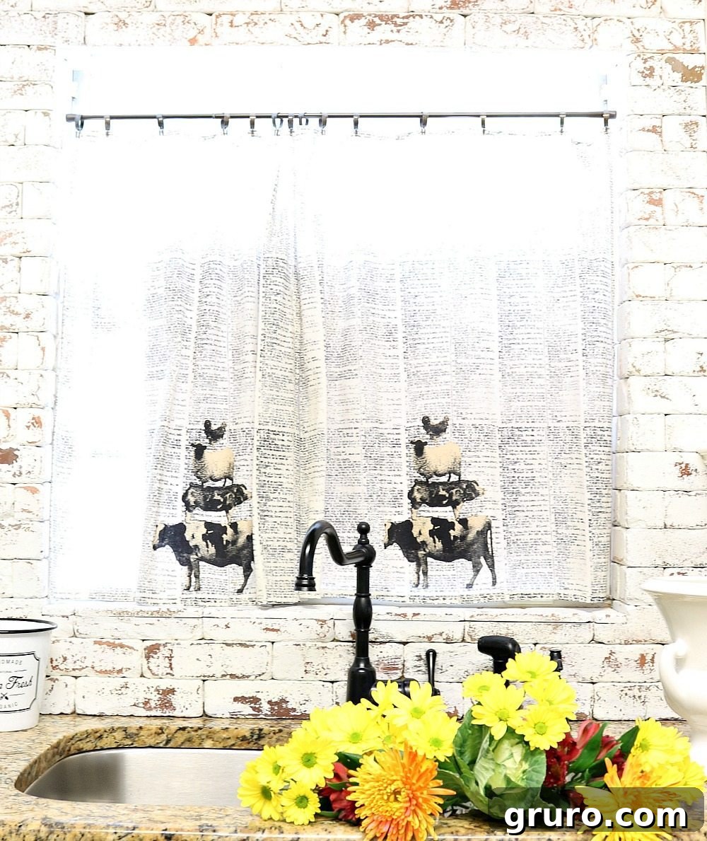 Cottage Towel Curtains 9 Dish towels for a quick farmhouse curtain in the kitchen at Refresh Restyle, highlighting material texture