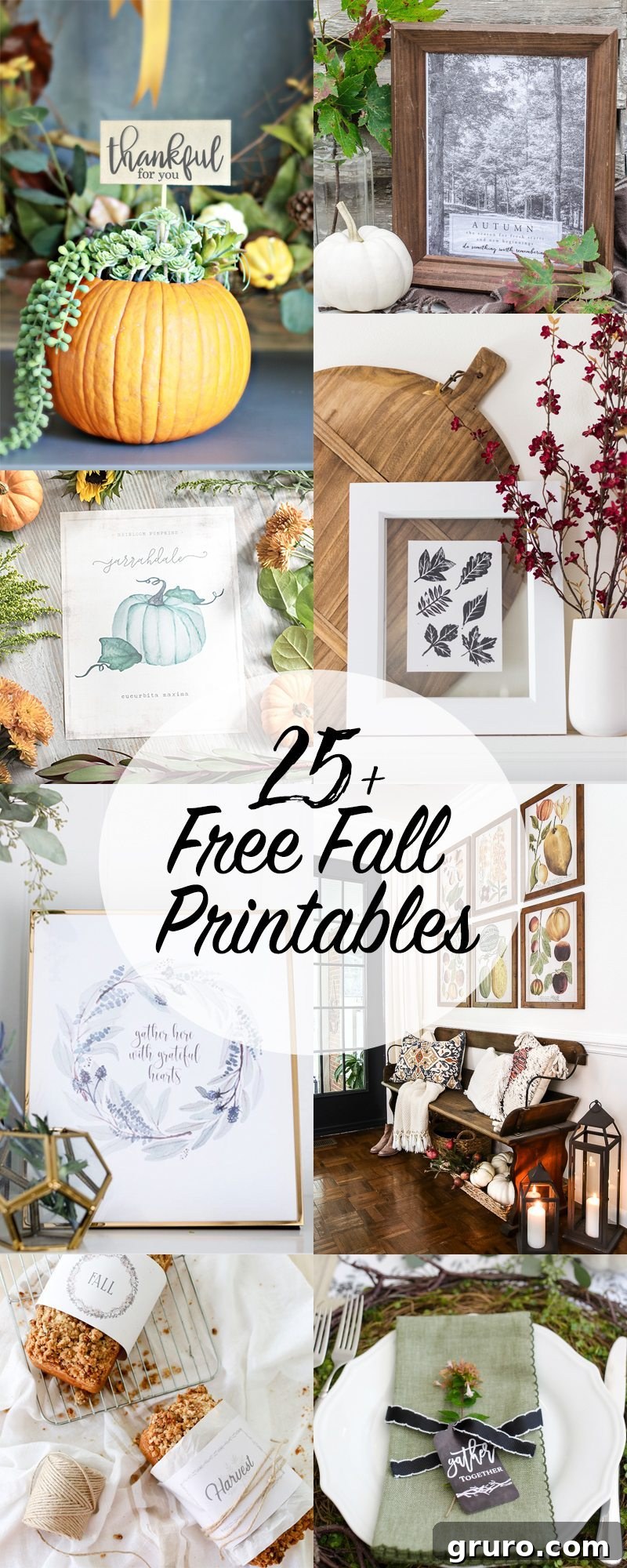 Large collection of 25 free fall printables for autumn home decor and crafts