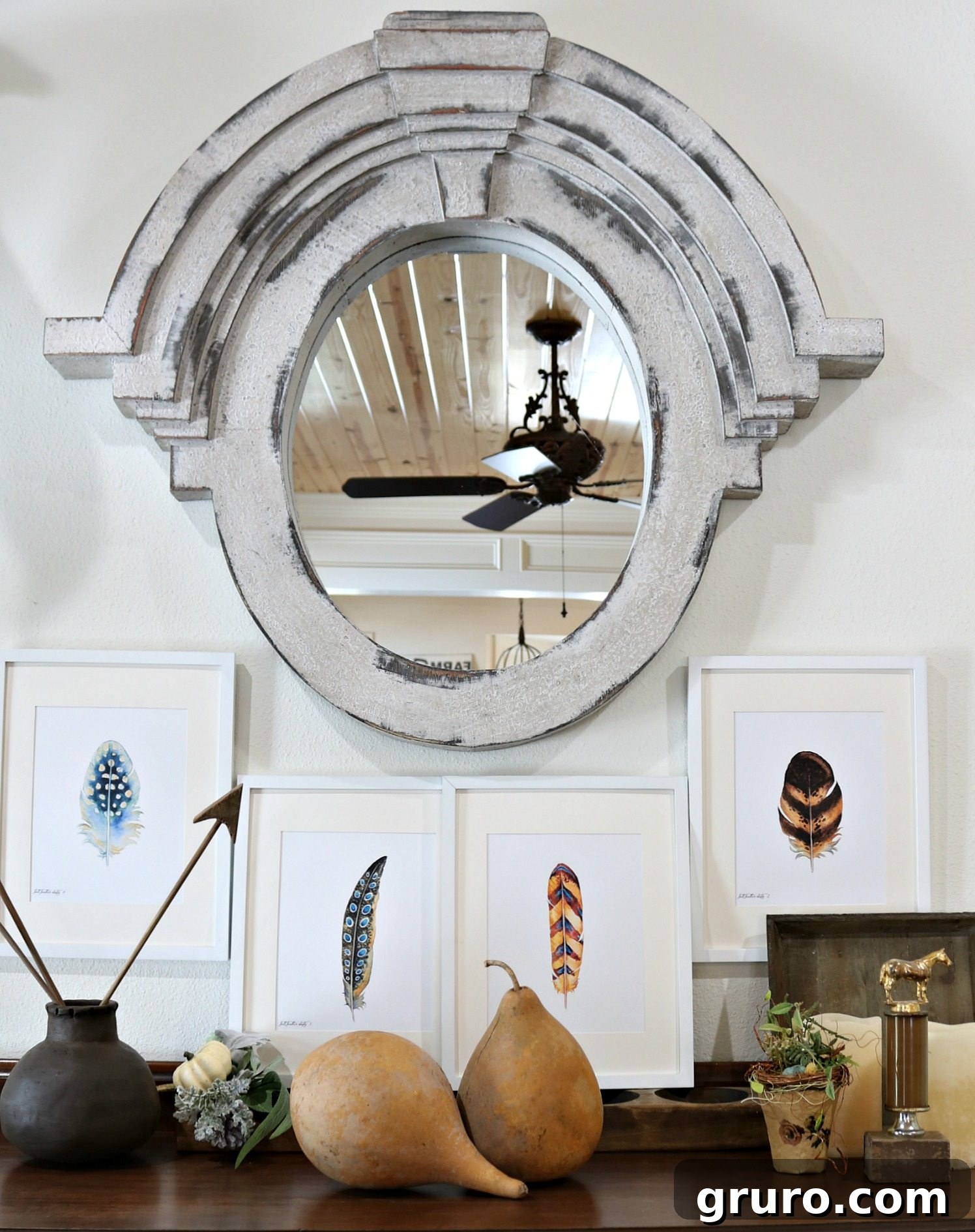 Example of a free fall feather printable framed in a rustic setting