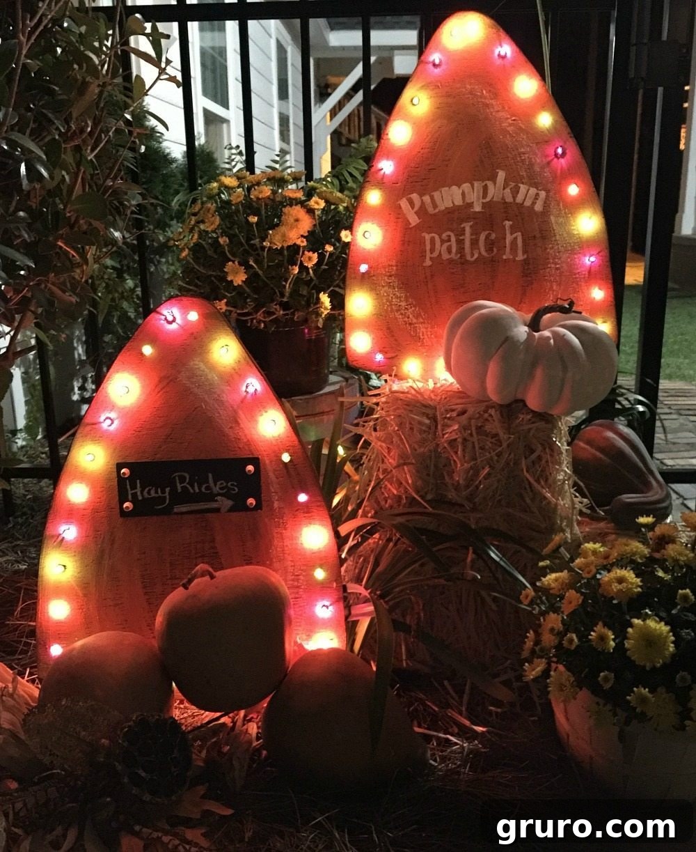 Enchanting fall harvest yard signs illuminating the evening landscape