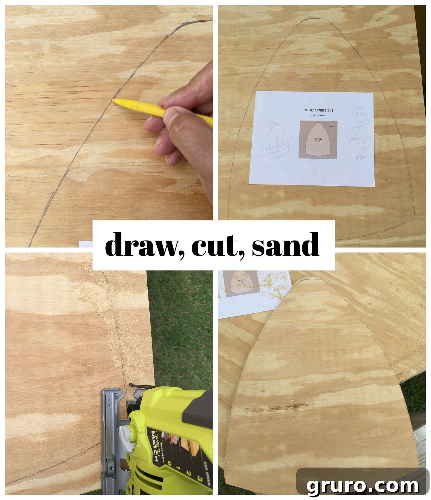 Step-by-step process of drawing, cutting, and sanding a DIY harvest yard sign