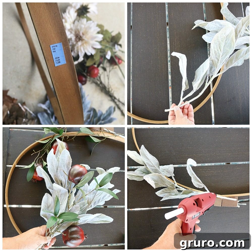 How to make a beautiful fall wreath from an oval quilt hoop, showing the nearly finished design at Refresh Restyle