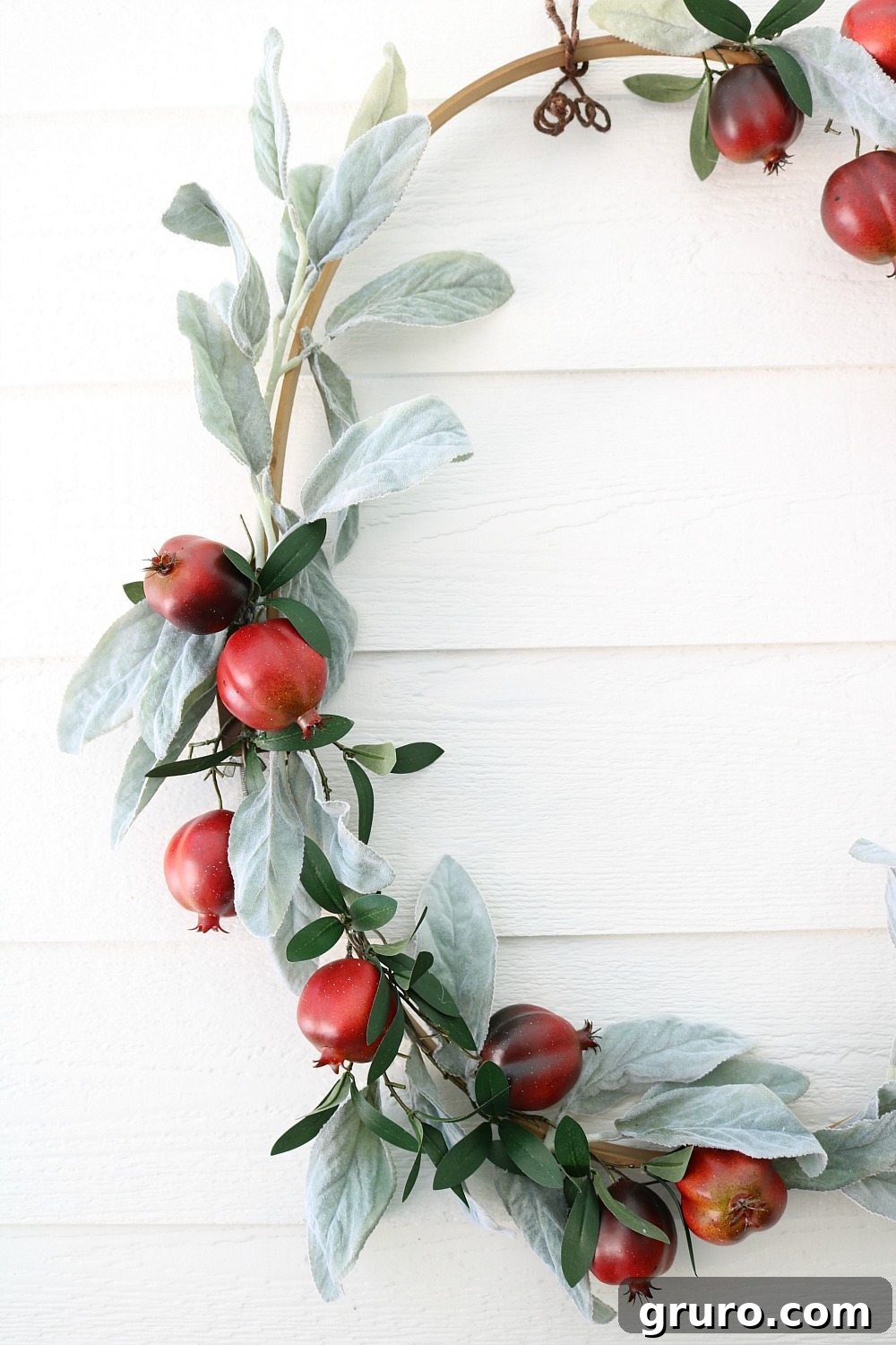 Pomegranate and Lambs ear fall wreath idea, close up showing texture and color at Refresh Restyle