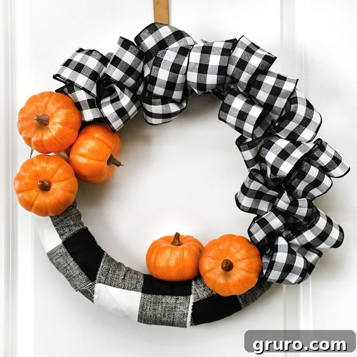Buffalo Check Pumpkin Wreath with rustic and farmhouse style