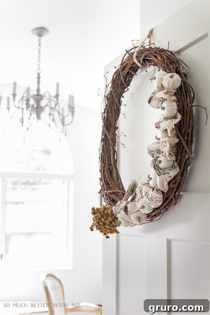 Traditional Fall Pumpkin and Ribbon Wreath for autumn decor