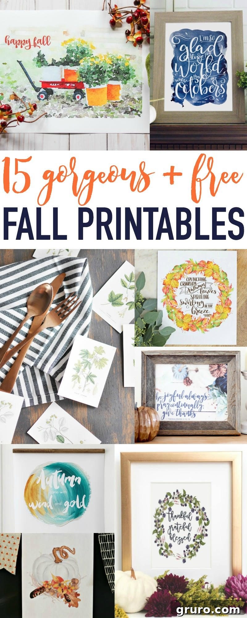 A stunning collection of 15 Gorgeous Free Fall Printables, showcasing diverse designs for autumn home decor.