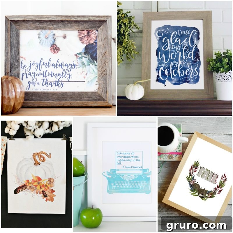 An inspiring visual featuring 15 diverse Fall Printables from various creators, showcasing different styles and themes for autumn decoration.