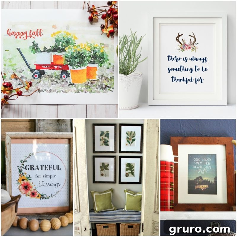 A beautiful grid of free fall printables for Tuesday's blog hop participants, showcasing various autumn themes and styles.