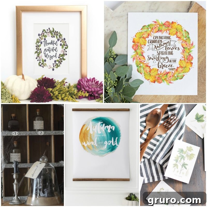 Beautiful images of fall printables from Wednesday's featured bloggers, offering varied autumn themes and styles.
