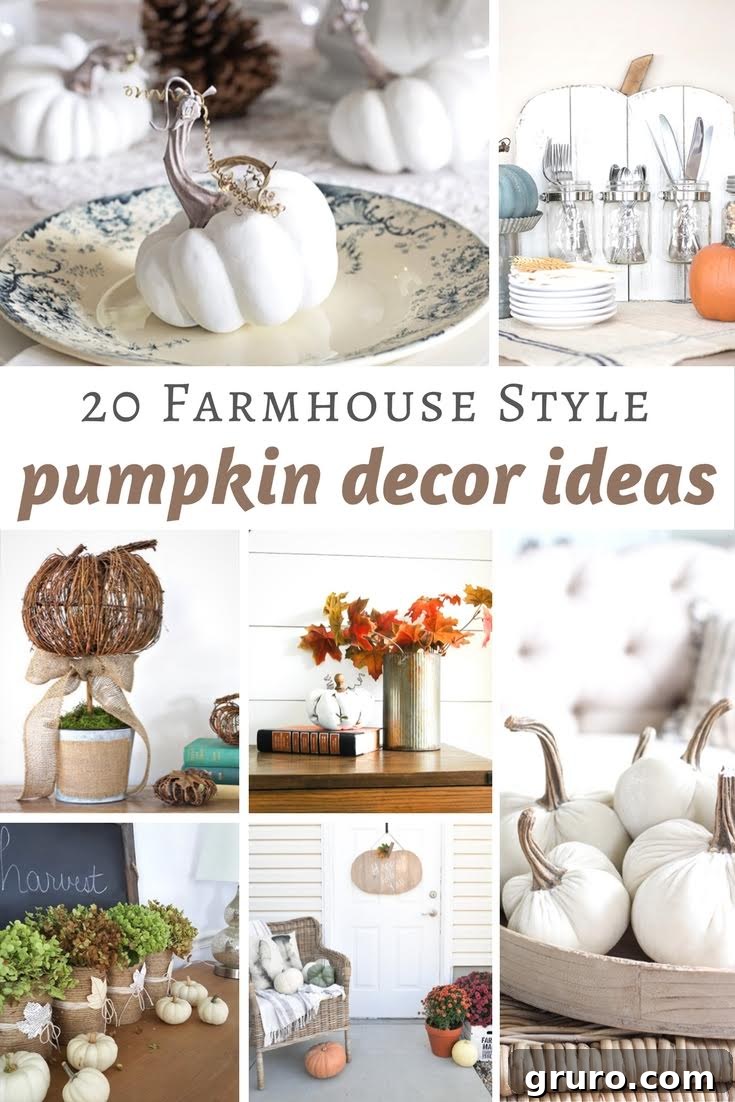 20 Farmhouse Style Pumpkin Decor Ideas - An array of DIY and styled pumpkin decorations for a cozy autumn home.