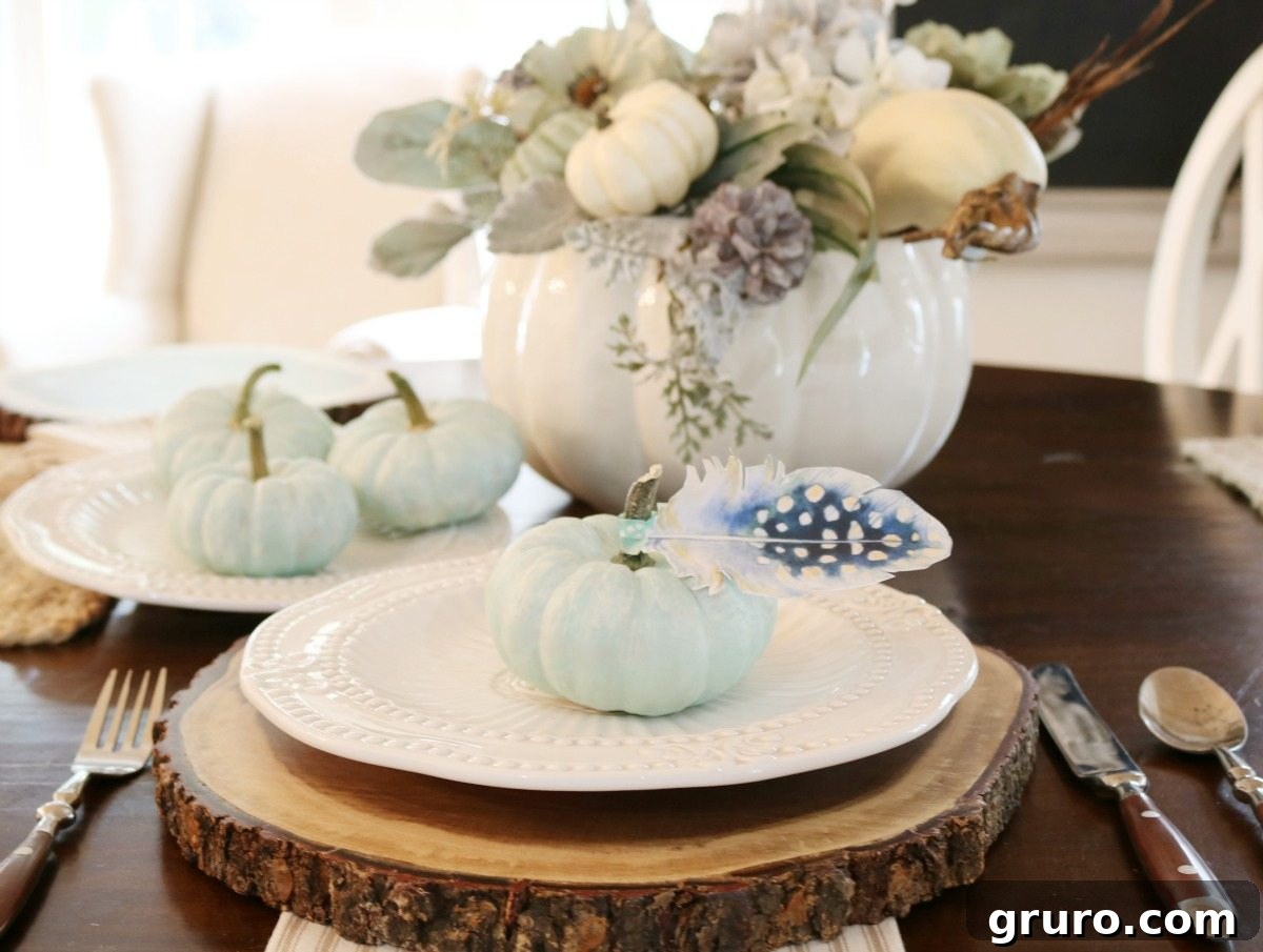 Elegant Plume Place Cards 4 Elegant fall table decor featuring soft blue pumpkins and printable feather place cards