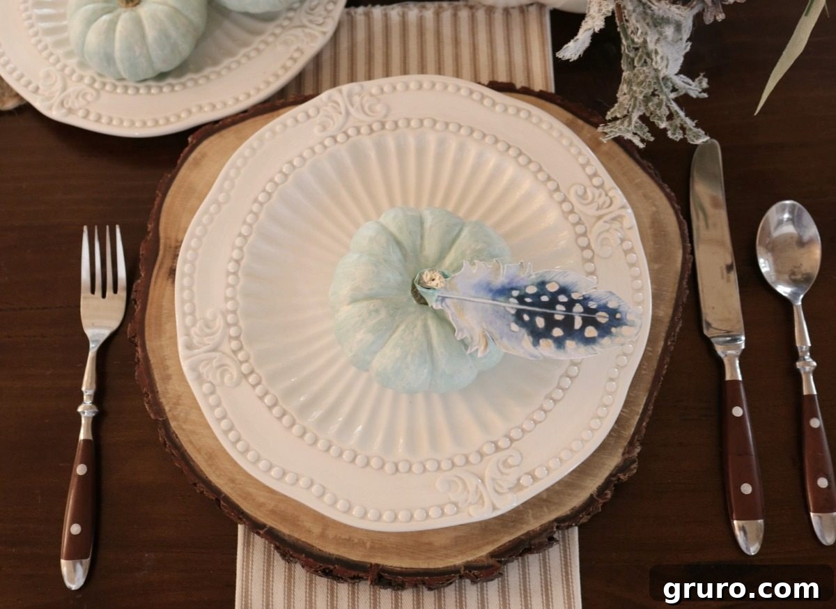 Elegant Plume Place Cards 8 Soft blue pumpkins paired with dimensional paper feathers for an elegant fall tablescape