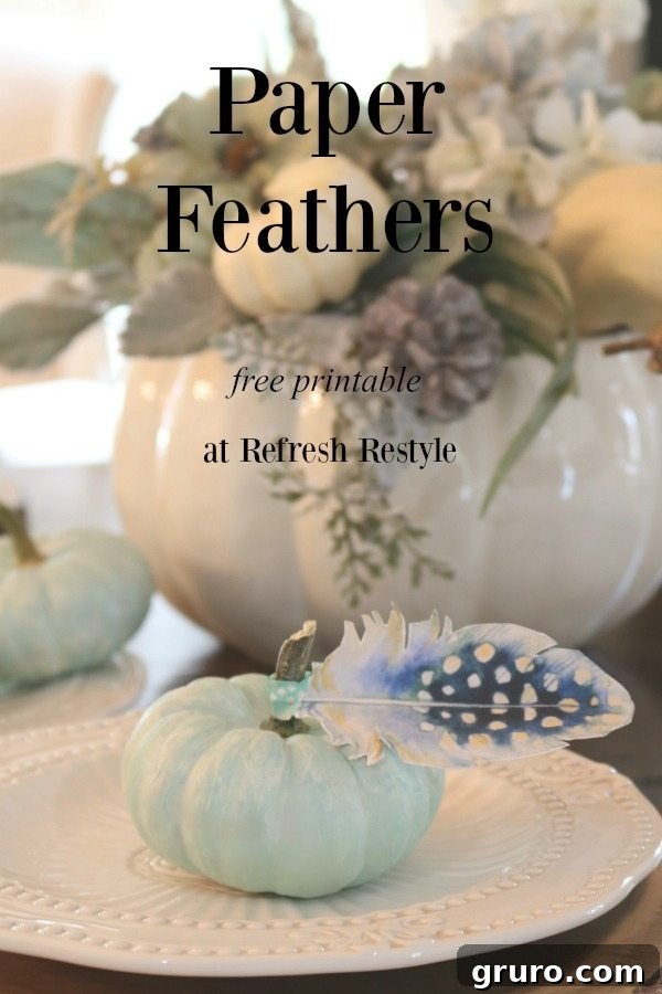 Elegant Plume Place Cards 9 Pinterest graphic: Free Printable Paper Feathers for DIY Fall Place Cards