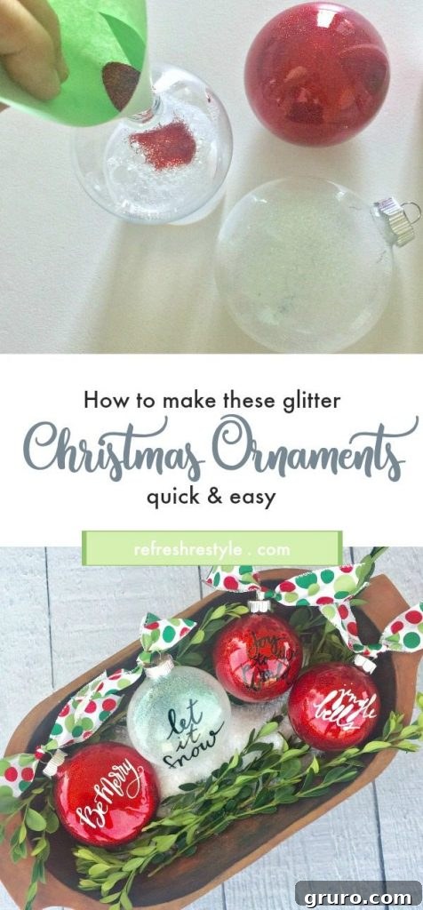 How to make glitter Christmas Ornaments Pinterest graphic