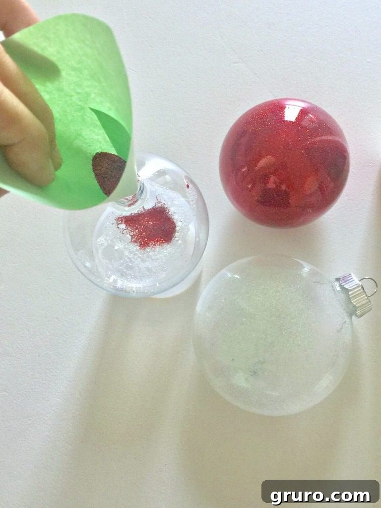 Add floor finish and then glitter for cute Christmas ornaments steps