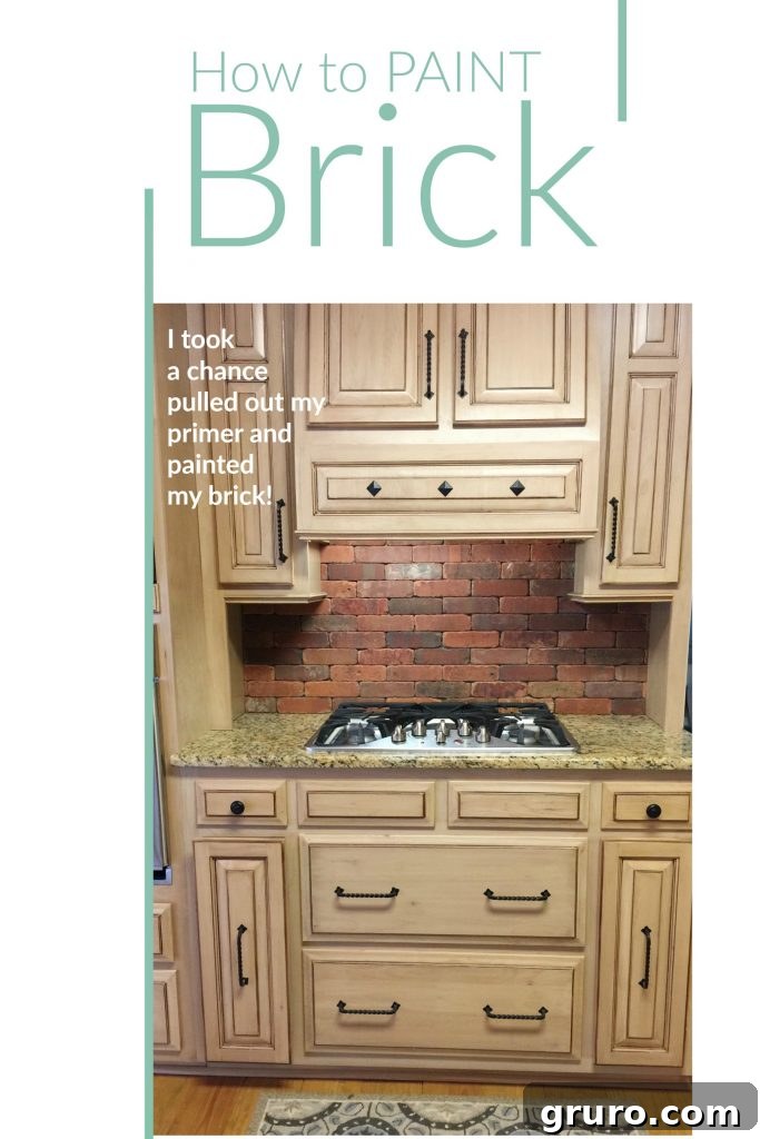 Before and after view of a kitchen with painted brick backsplash