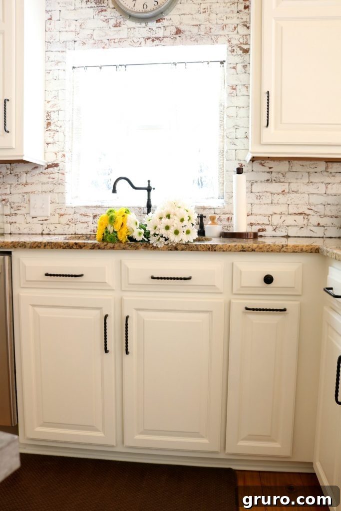 Full view of the painted brick kitchen makeover