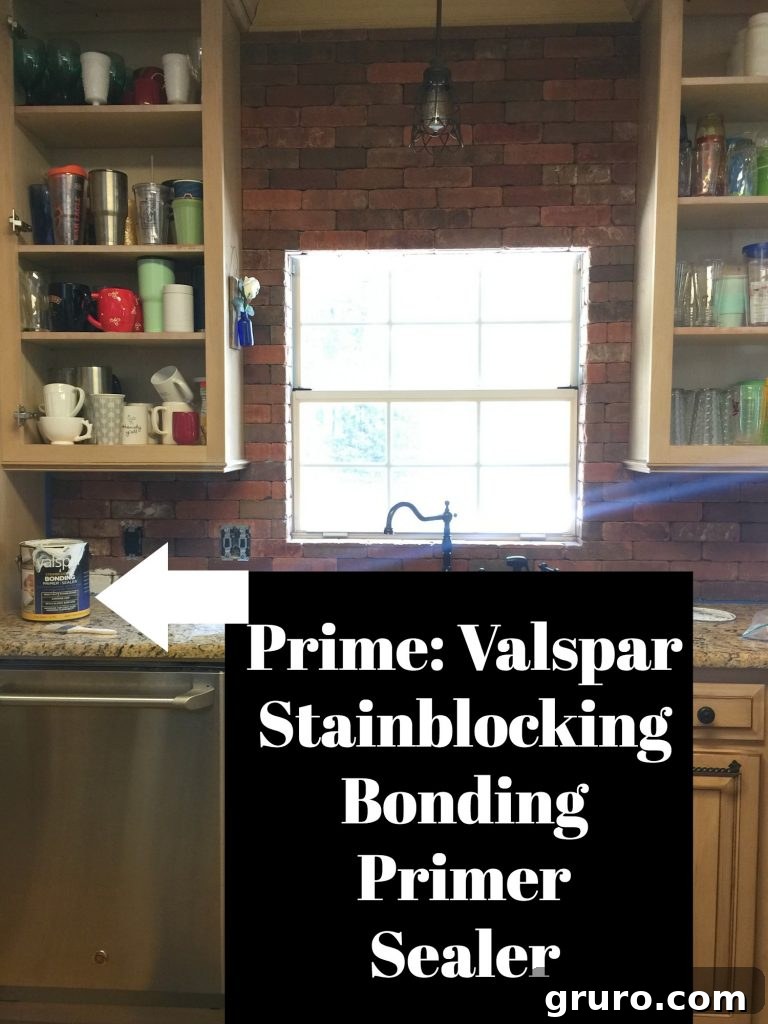 Valspar Primer Sealer applied to brick backsplash before painting