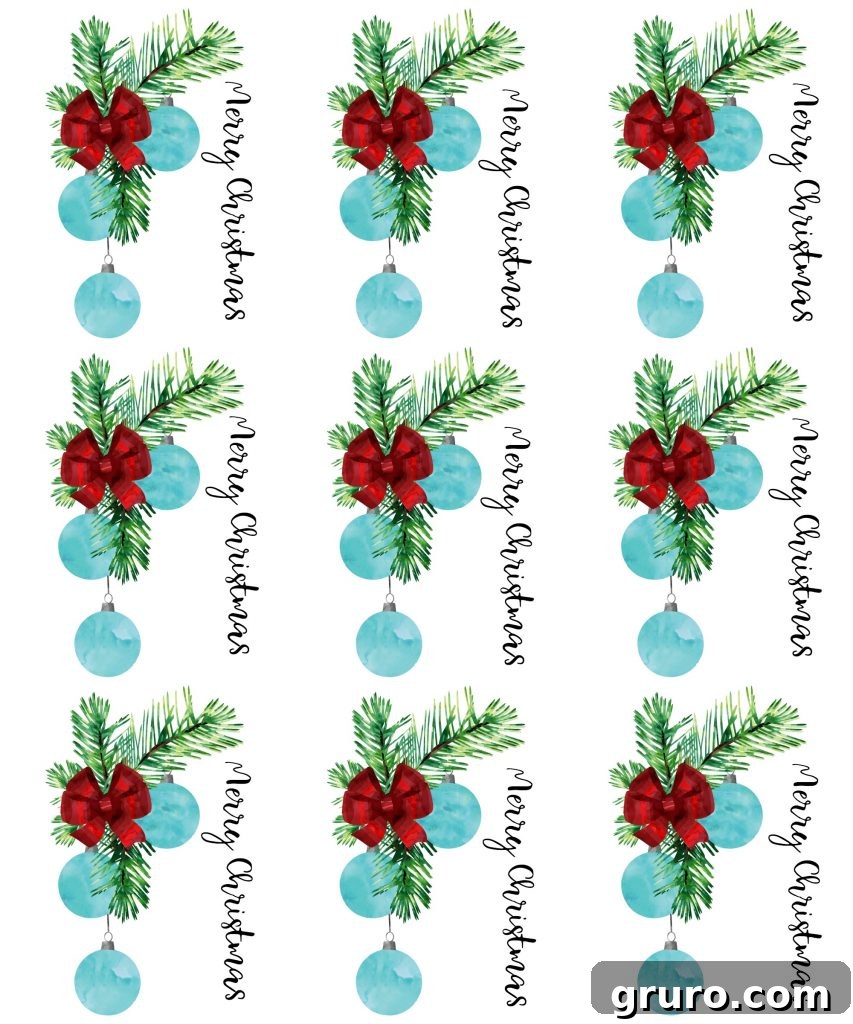 Festive Christmas Gift Labels 4 Christmas gift with red bow and blue ornament, featuring a printable tag
