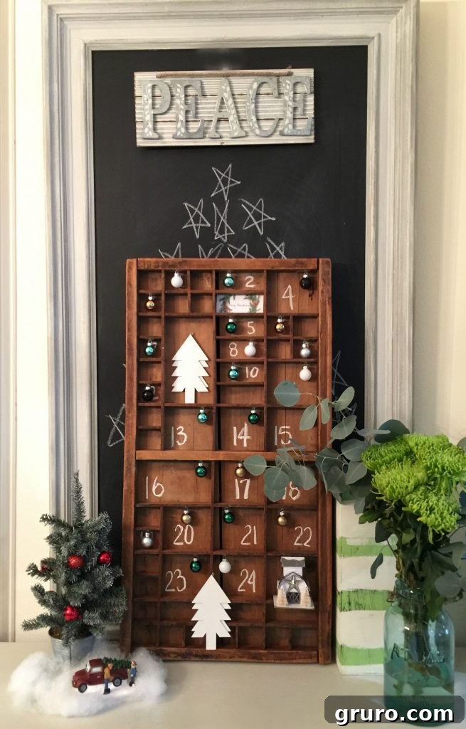 Advent calendar in a vintage printer's tray, showcasing the perfect farmhouse look for holiday decor.