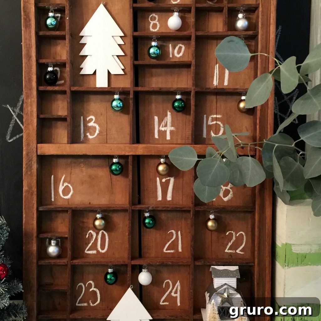 Farmhouse Advent calendar countdown, beautifully displayed with chalked numbers and tiny ornaments.