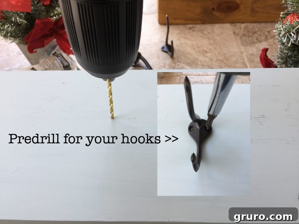Craft Your Own Festive Stocking Holders 6 Predrill pilot holes for your hooks to prevent wood splitting on the stocking hanger