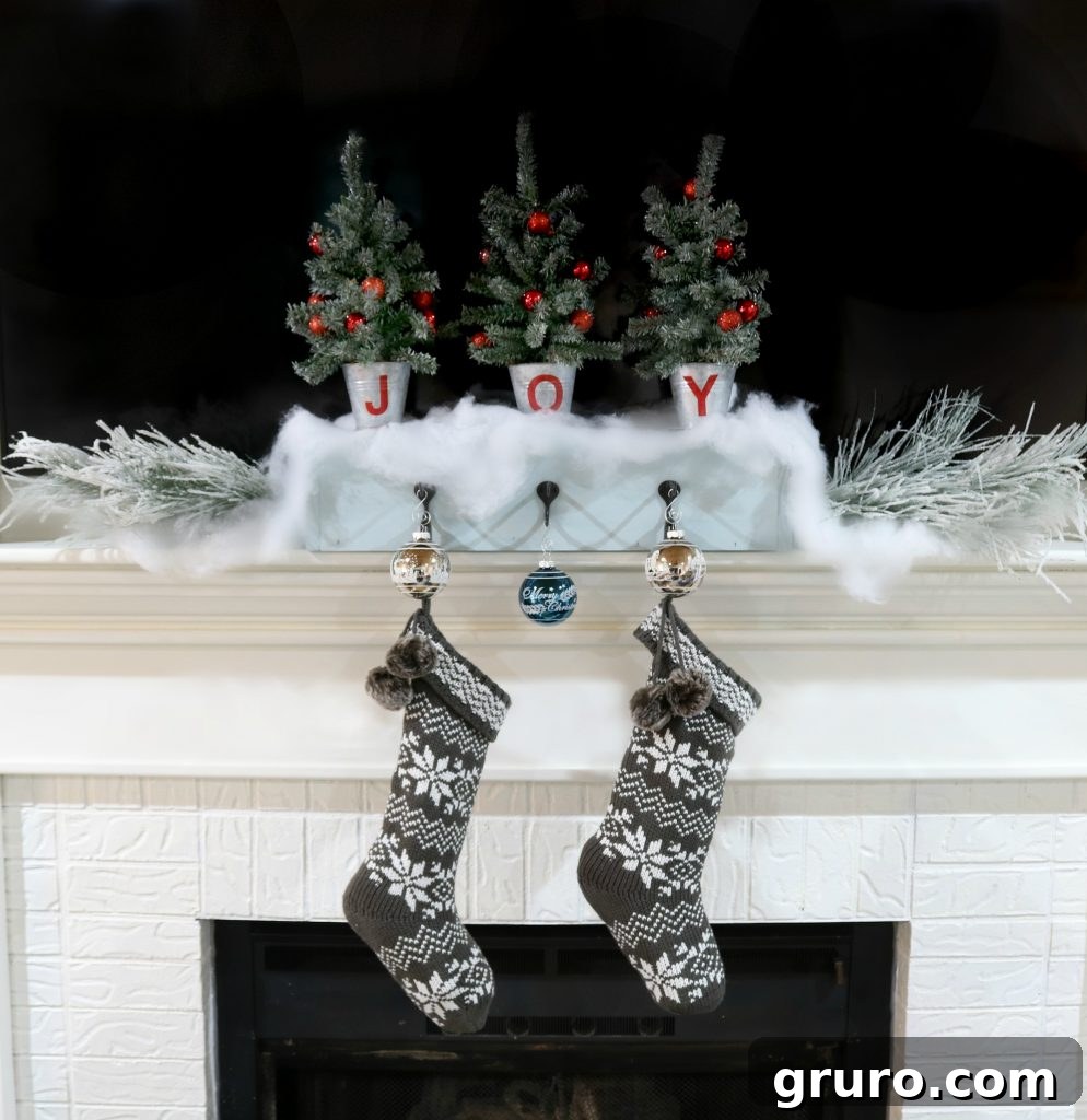 Craft Your Own Festive Stocking Holders 7 Joy Christmas stocking hanger box decorated with snowy pine trees for holiday cheer