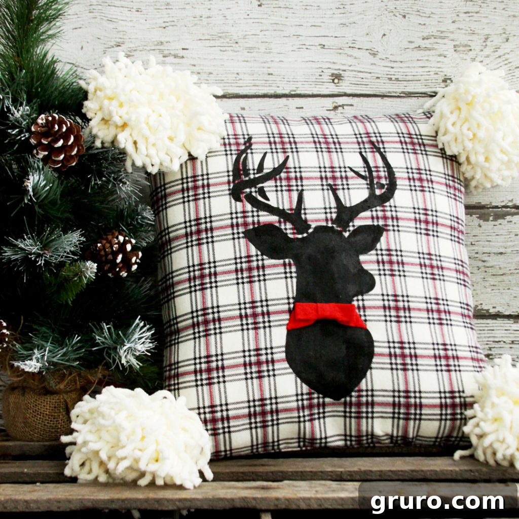 Stenciled Flannel Deer Christmas Pillow, a rustic and cozy holiday decor item for sofas