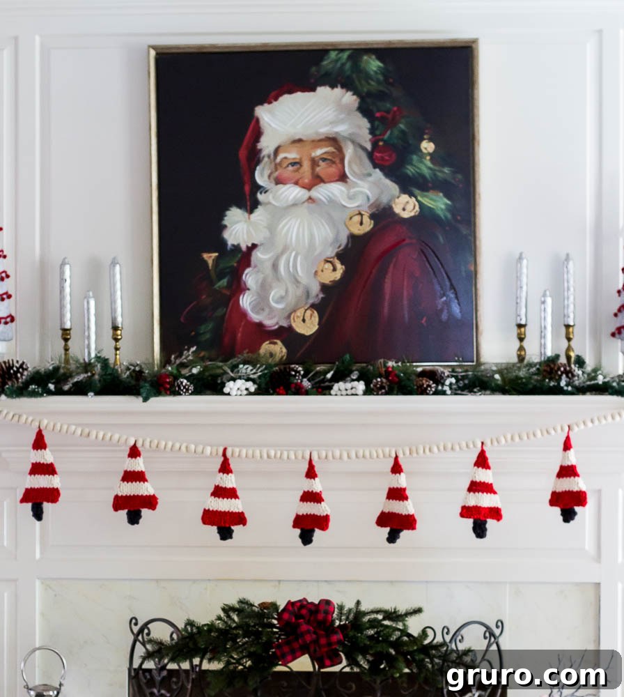 Knitted Christmas Tree Banner, a handmade, cozy textile holiday wall hanging for festive decor