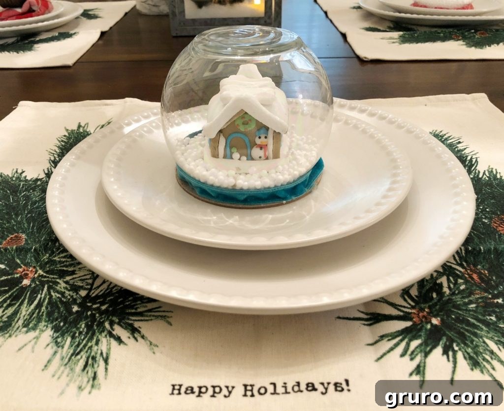 Whimsical Gingerbread Snow Globe 9 Mini snow globe trimmed in blue velvet, adding an elegant touch to holiday decor
